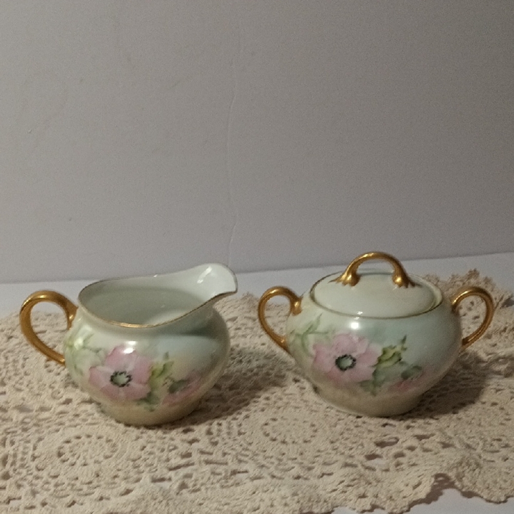 Antique Bavarian Cream And Sugar Set Hand Painted By G. B. Shantz